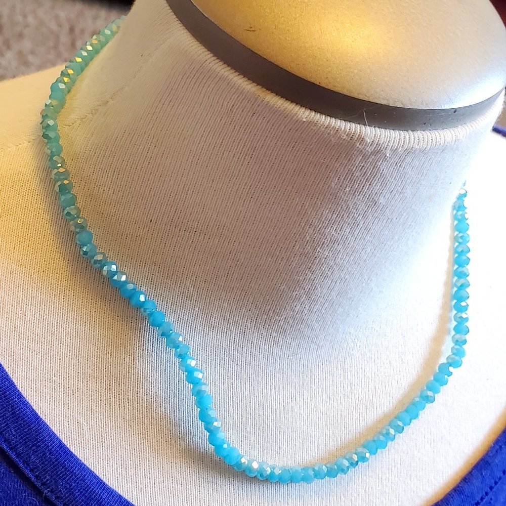 14" Silver Tone Blue Czech Glass Bead Necklace